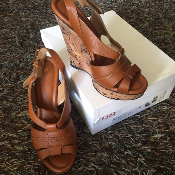 Chloe sling back open toe tan wedges - Picture 2 of 6